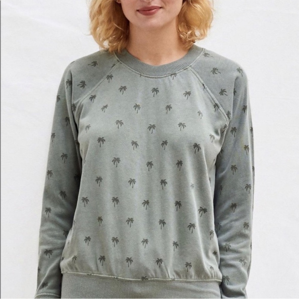 SUNDRY Raglan Pullover Palm Sweatshirt in Eucalyptus Twee Graphic Print 0 - Picture 2 of 14